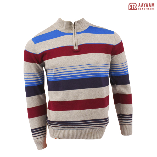 3 Degree Celcius Striped Cotton Full Sleves Half Zipper Sweater
