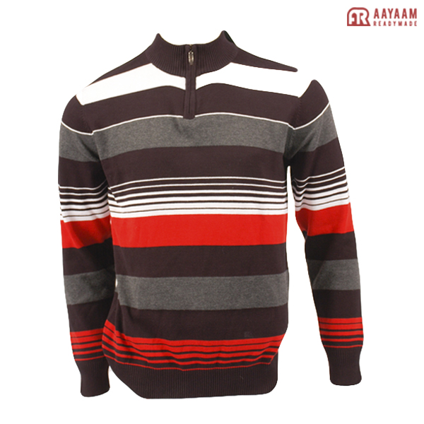 3 Degree Celcius Striped Cotton Full Sleeves Half Zipper Sweater